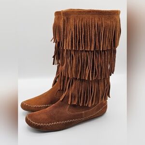 LC Lauren Conrad Mid-Calf Thia Moccasin Fringe Suede Boots Chestnut
